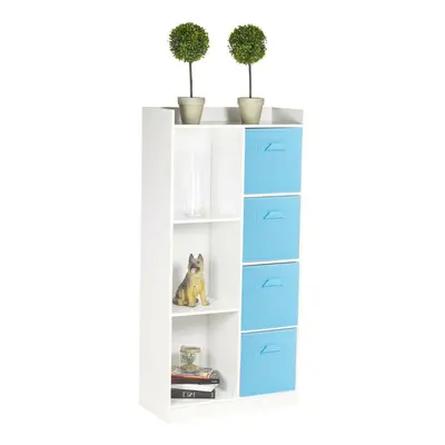 (White, Light Blue) Bookcase with Fabric Drawers | Cube Wooden Unit