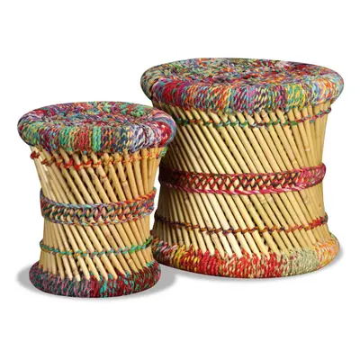 vidaXL Stool Set Pieces Bamboo with Chindi Details Multicolour Handmade Seat