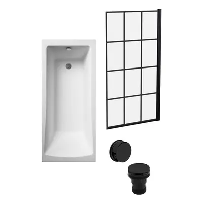 Square Single Ended Bath, Abstract Black Screen and Black Waste -1700x700mm