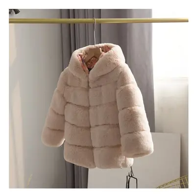 (Beige, Years) Kids Girls Rabbit Fur Coat Padded Winter Jackets