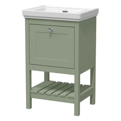 Traditional Furniture Floor Standing Drawer Vanity & Tap Hole Fireclay Basin, 500mm, Fern Green