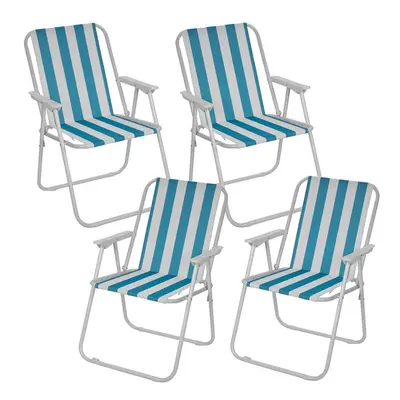 (4, White & Blue Stripe) Garden Patio Metal Folding Spring Deck Chairs