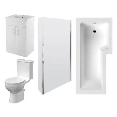 1700mm Bathroom Suite - Shape Shower Bath, Front Panel, Shower Bath Screen, Vanity Basin Unit an