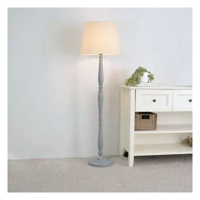 ValueLights Victoria Beige Tapered Shade Grey Wood Floor Lamp & Bulb