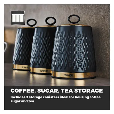 Tower Empire Tea, Coffee & Sugar Canisters Midnight Blue Brass Accents