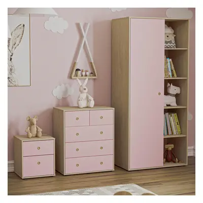 (Pink & Oak) Neptune Piece Bedroom Set Bedside Chest Wardrobe