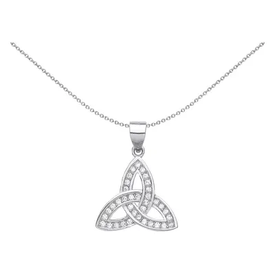 Jewelco London Ladies Rhodium Plated Sterling Silver CZ Trinity Knot Charm Pendant Necklace inch