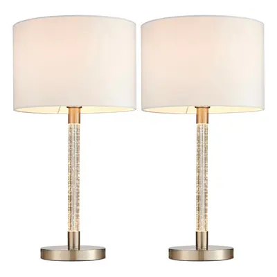 2 PACK Walnut Table Lamp Light Chrome Mink Silk Shade Round Base Desk Sideboard