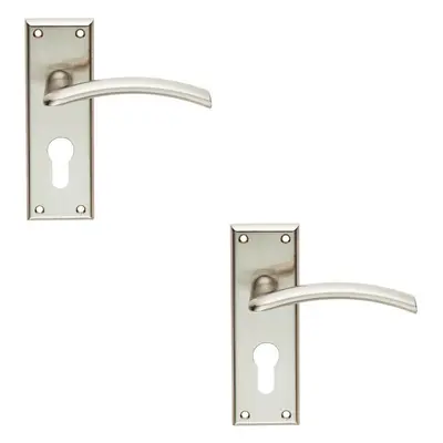 2x PAIR Arched Lever on Euro Lock Backplate Door Handle x 50mm Satin Nickel