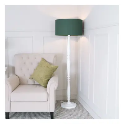 ValueLights Victoria Green Drum Shade White Wood Floor Lamp & LED Bulb