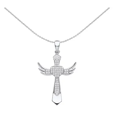 Jewelco London Unisex Rhodium Plated Sterling Silver CZ Love Heart Angel Wings Cross Pendant Nec