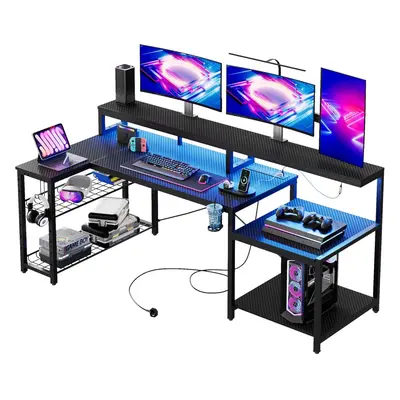 Bestier 181CM Gaming Desk with Power Outlets LED Lights Shaped