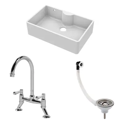 Fireclay Kitchen Bundle - Single Bowl Butler Sink with Overflow & Ledge, Waste & Bridge Mixer Ta