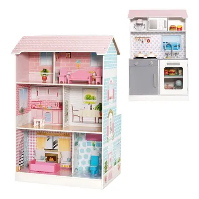 2 in Wooden Doll House and Play Kitchen w/3 Storey &Furniture for 3+