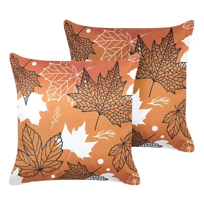 Set of Velvet Cushions Leaf Pattern x cm Orange POINSETTIA