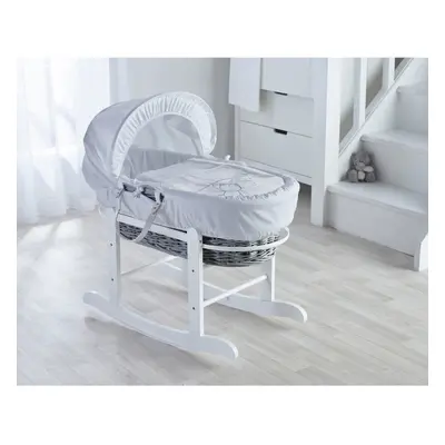 White Teddy Wash Day Grey Wicker Moses Basket with Rocking Stand Deluxe White