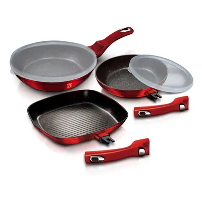 (Burgundy) 5Pc Non Stick Aluminum Frying Pan Set With Grill Induction Detachable Handles