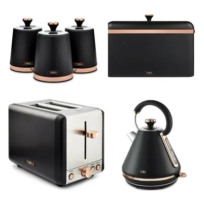 Tower Black & Rose Gold Cavaletto Pyramid Kettle Toaster Bread Bin Canisters