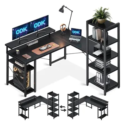 (ODK Computer Desk with Shelves, Reversible Shaped Desk with Monitor Stand, Reversible Home Offi