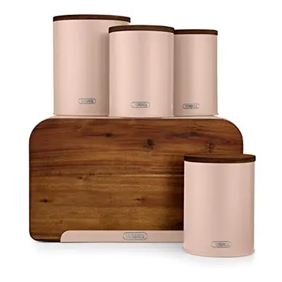 T826140PCLY Scandi Piece Acacia Wood Storage Set with Bread Bin, Biscuit Barrel, Canisters, Pink