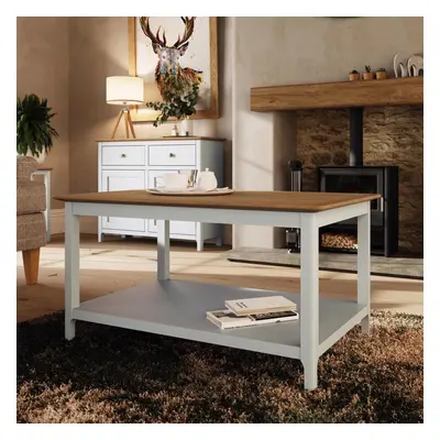 FWStyle Linen Cream Coffee Table Oak Veneer Top with Shelf