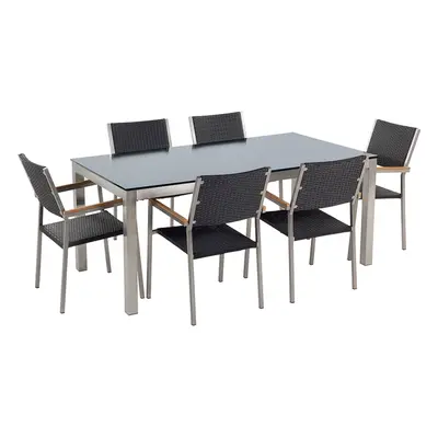 Garden Dining Set Seater with Rattan Chairs GROSSETO Tempered Glass Black