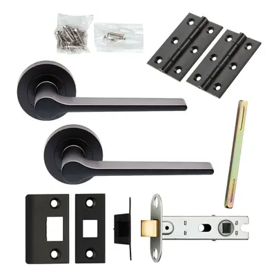 Door Handle & Latch Pack Matt Black Straight Rounded Bar Screwless Round Rose