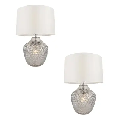 2 PACK Grey Tinted Faceted Glass Twin Table Lamp & Vintage White Fabric Shade