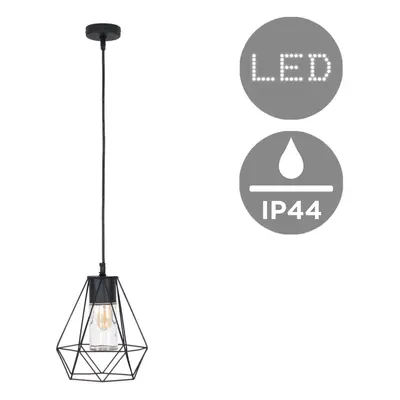 Retro IP44 Rated Gloss Black Ceiling Bathroom Light Pendant with a Metal Open Basket & Clear Gla