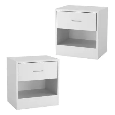 (White) Modern Single Drawer Wooden Bedside & Nightstand Storage Table, Set of