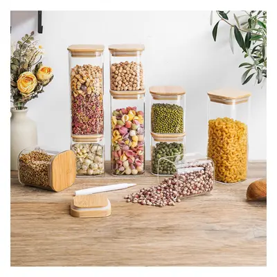 Neo Square Glass Storage Jars with Bamboo Lids Airtight Glass Canisters with Size Large Kitchen 