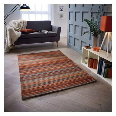 (RUST, x cm) Modern Multi Coloured 100% Wool Rugs Stripe Line Design Small Extra Large Hall Runn