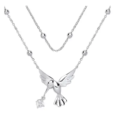 Jewelco London Ladies Sterling Silver Cubic Zirconia Hummingbird Solitaire Bead Necklace inch - 