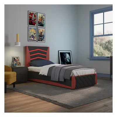 (Black and Red) Galaxy Ottoman Storage LED Headboard Gaming Single Black Bed Frame