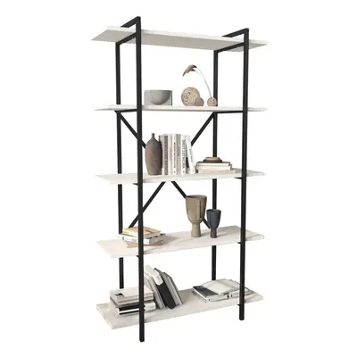 (White) 5-Tier Wooden Bookshelf With Metal Frame