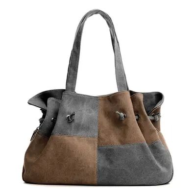 (Grey) Women Canvas Handbag Contrast Color Casual Messenger Shoulder Bag Tote Black/Blue/Grey/Re