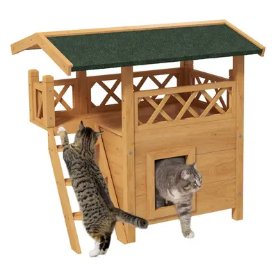 PawHut Outdoor Cat House w/ Balcony Stairs Roof, Natural Wood Finish