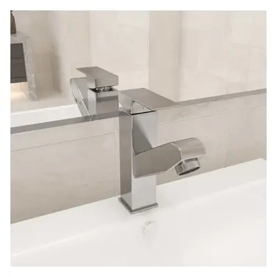 vidaXL Bathroom Basin Faucet with Pull-out Function Silver Sink Washbasin Tap