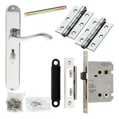 Door Handle & Bathroom Lock Pack Chrome Slim Curved Arm Thumb Turn Backplate