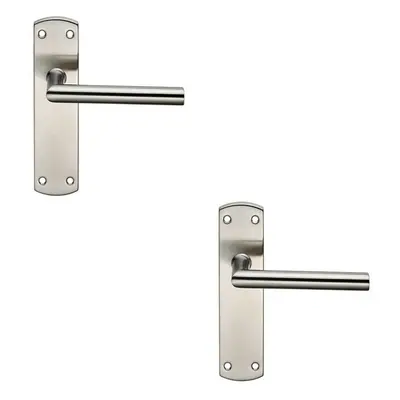 2x Mitred Lever Door Handle on Latch Backplate x 44mm Satin Steel