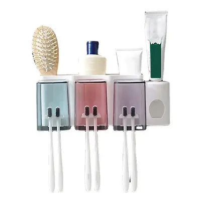 (3 Cups) 2/3/4 Cups Toothbrush Holder Wall Hanging Toothpaste Dispenser Strong Bearing Capacity 