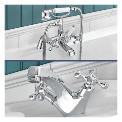 Trafford Victorian Bath Shower Mixer & Basin Mono Mixer Tap Chrome