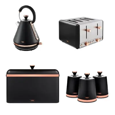 Cavaletto Black Rose Gold Pyramid Kettle, Slice Toaster Breadbin Canisters Set