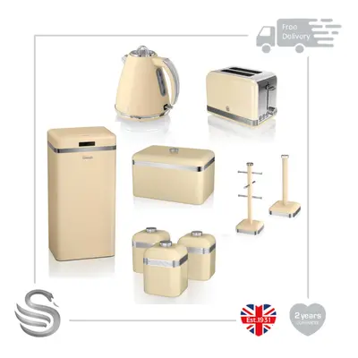 (Cream) Swan Retro 9pce Kitchen Set- 45L Electric Bin, 1.5L Cordless Kettle, Slice Toaster Crumb