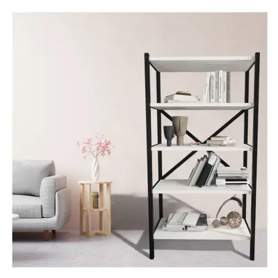 (White) 5-Shelf Wood Bookcase Unit With Metal Frame