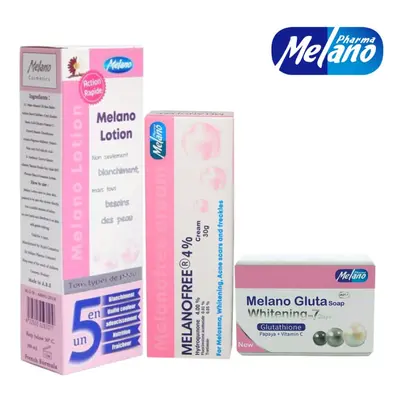 MelanoFree 4% Cream, Lotion & Gluta Soap |Melasma, Acne Scars & Freckles|Reduce Dark Spots & Pig