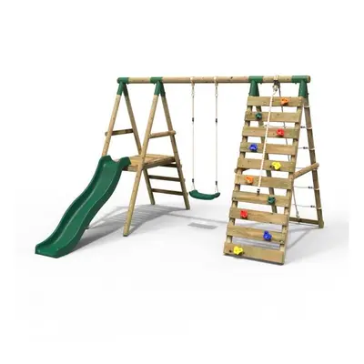 (Amber, Green) Rebo Wooden Swing Set with Deck and Slide plus Up and Over Climbing Wall