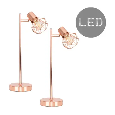 Pair of - Retro Style Metal Basket Cage Desk Lamps in a Copper Finish - Complete with 4w LED Fil