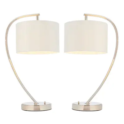 2 PACK Modern Curved Arm Table Lamp Nickel & White Shade Bedside Feature Light