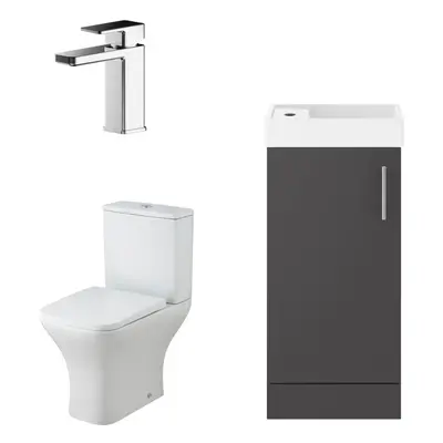 Cloakroom Suite - Floor Standing Vanity Basin Unit, Tap, and Toilet - Gloss Grey